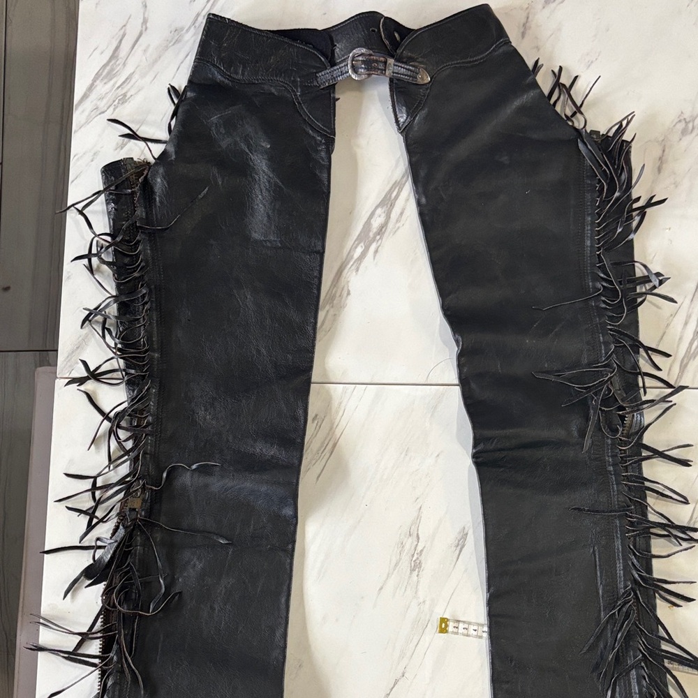 McLellands Fringe Black Leather Womens chaps zipper sides XS